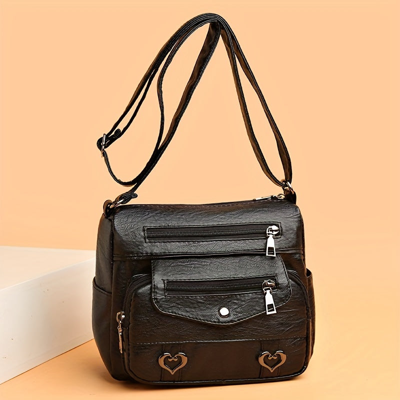 Retro Multi Pockets Crossbody Bag, Soft Faux Leather Shoulder Bag, Heart Decor Purse For Women