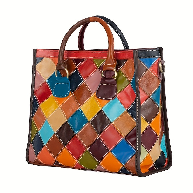 Colorblock Stitching Tote Bag, Luxury Genuine Leather Handbag, Women's Large Capacity Shoulder Bag