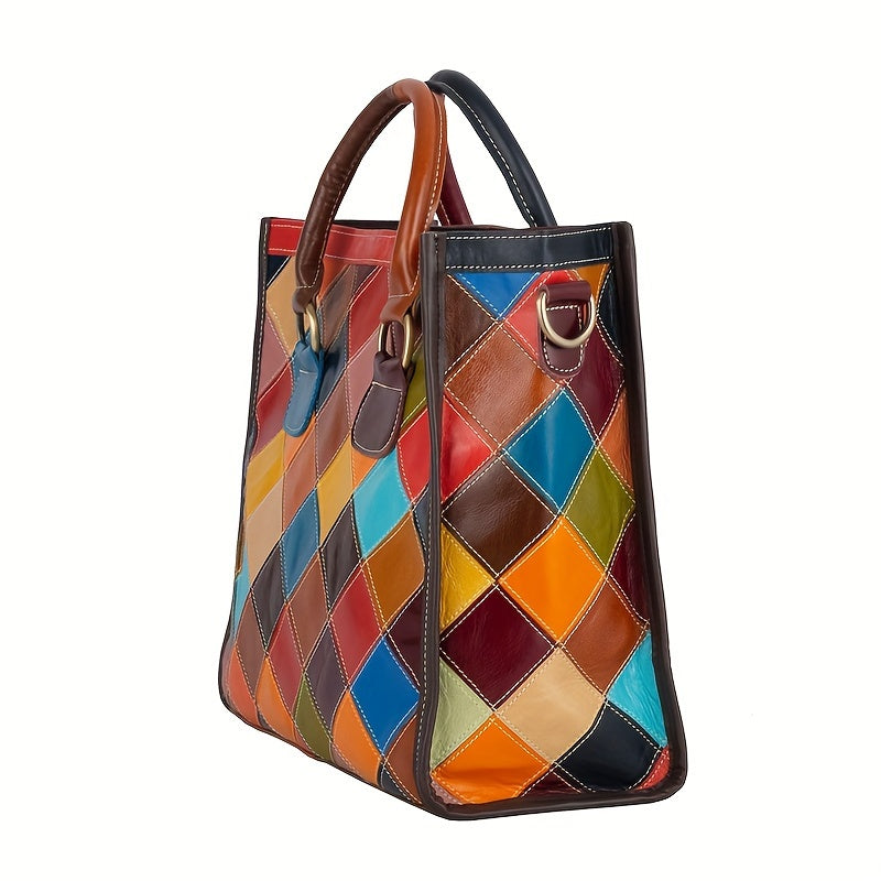 Colorblock Stitching Tote Bag, Luxury Genuine Leather Handbag, Women's Large Capacity Shoulder Bag