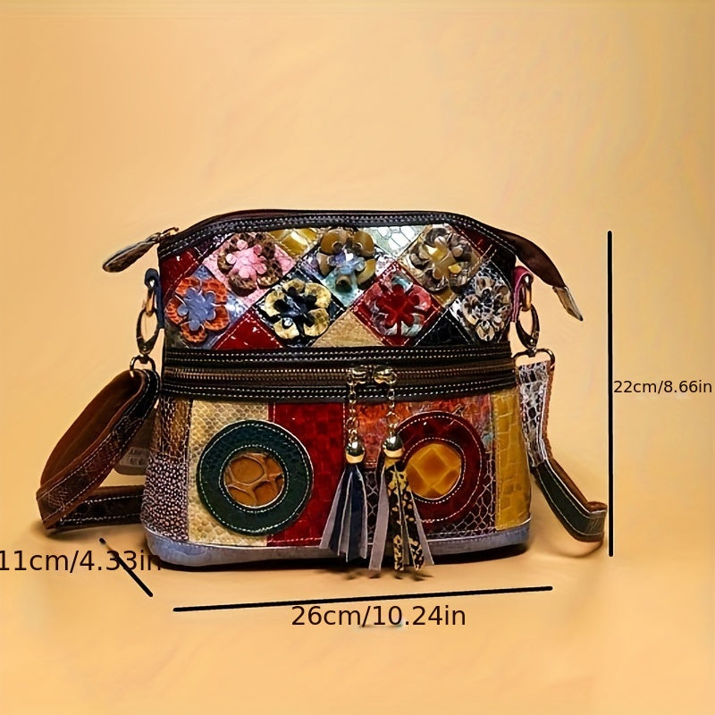 Vintage Genuine Leather Crossbody Bag, Snakeskin Colorblock Shoulder Bag, Women's Bohemian Handbag & Purse