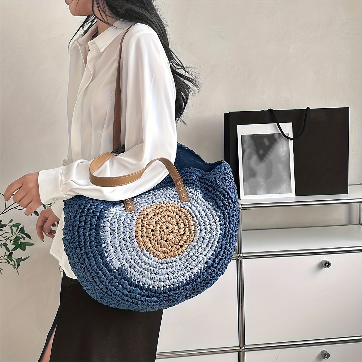 Woven Straw Round Handbags, Hollow Out Summer Beach Bag, Women's Large Capacity Shoulder Bag
