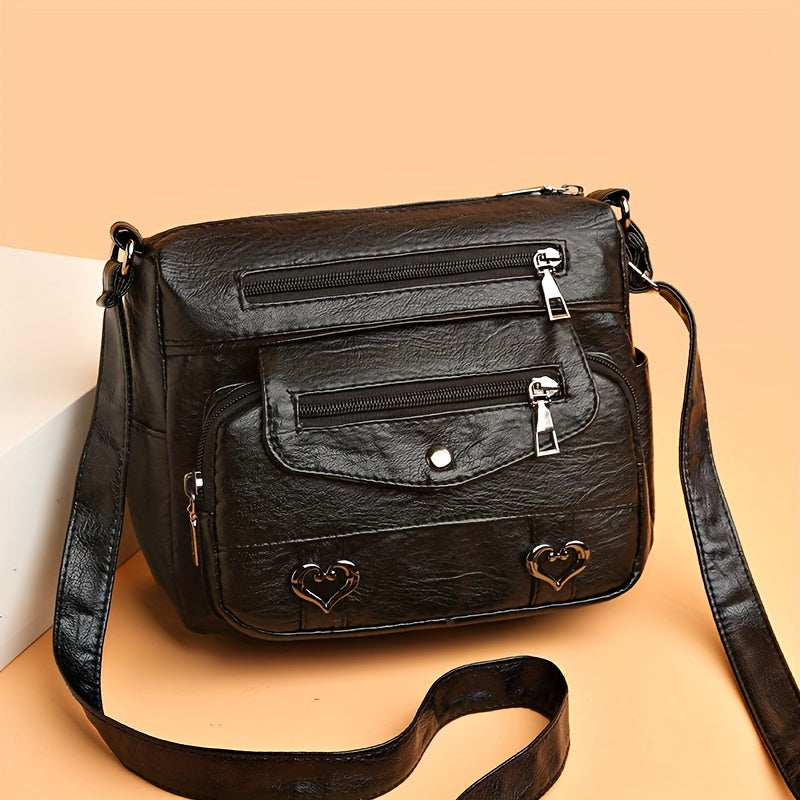 Retro Multi Pockets Crossbody Bag, Soft Faux Leather Shoulder Bag, Heart Decor Purse For Women