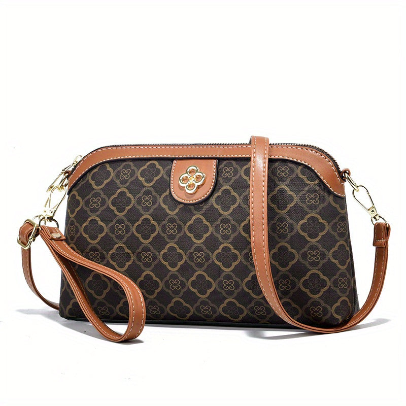 Vintage Geometric Print Crossbody Bag, Retro PU Leather Purse, Women's Casual Shoulder Bag & Handbag