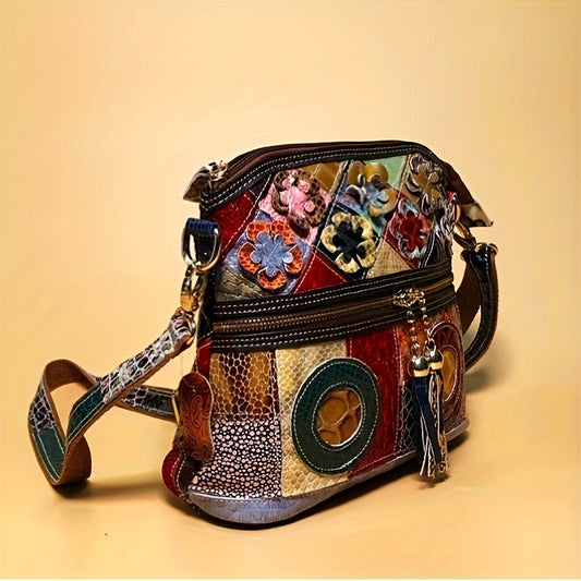 Vintage Genuine Leather Crossbody Bag, Snakeskin Colorblock Shoulder Bag, Women's Bohemian Handbag & Purse
