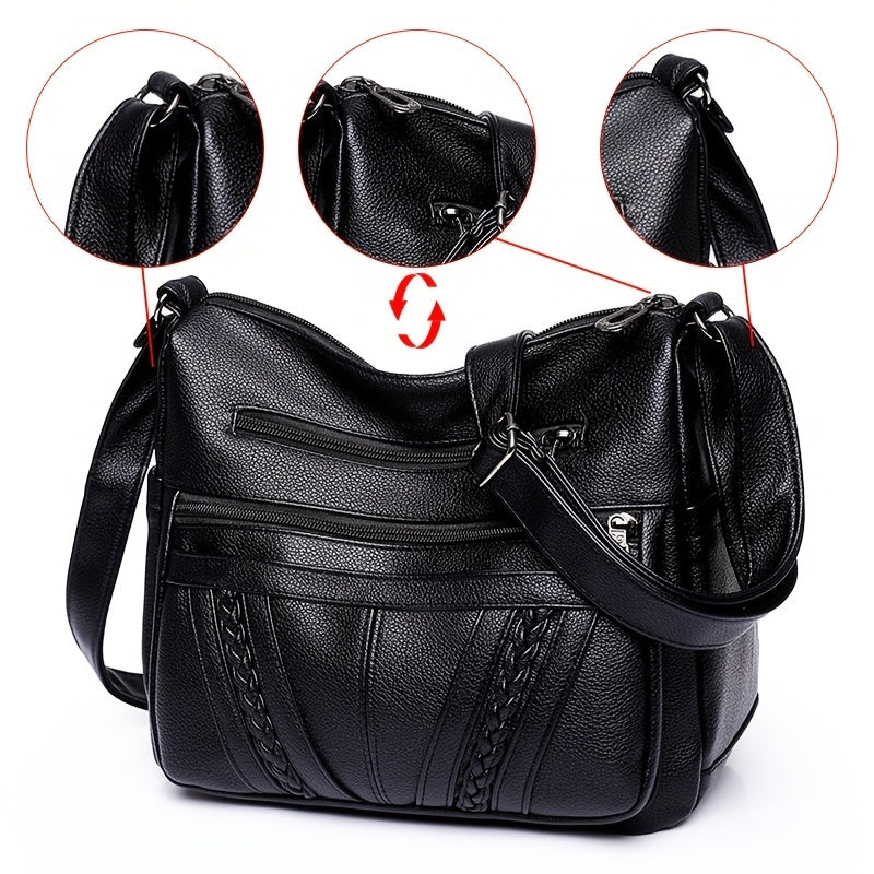 Braided Detail Crossbody Bag, Women's Multi Pockets Purse, Fashion Faux Leather Shoulder Bag