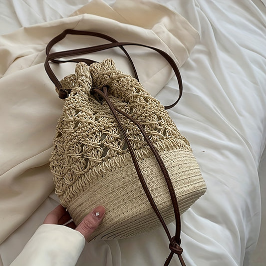 Straw Woven Drawstring Bucket Bag, Summer Beach Crossbody Bag, Women's Casual Handbag, Shoulder Bag & Purse
