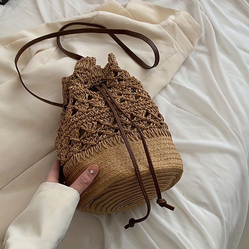 Straw Woven Drawstring Bucket Bag, Summer Beach Crossbody Bag, Women's Casual Handbag, Shoulder Bag & Purse